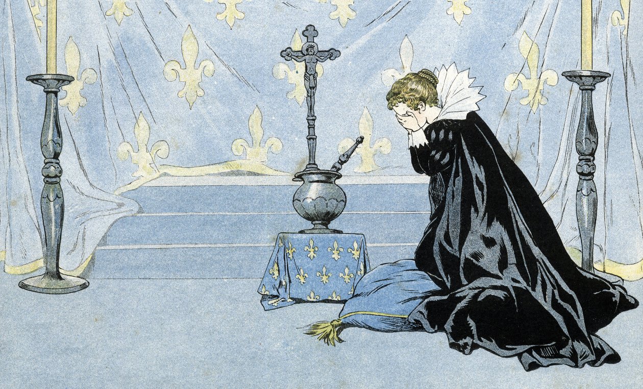 Frankrig, repræsenteret af en kvinde iført sort kappe, sørger over kong Henrik IVs (1553-1610) død. i "Frankrig, hans historie fortalt af G. Montorgueil, afbildet af Job"" 1896. Privat samling. af pseudonym for Onfray de Breville Jacques Job