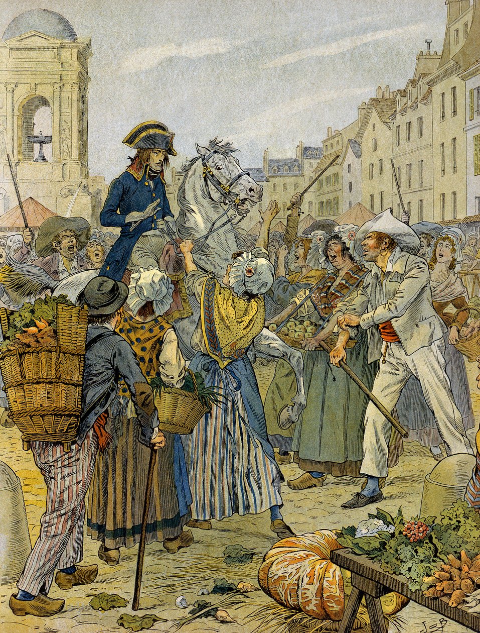 Fransk revolution 1789: Napoleon I Bonaparte (1769-1821) tog parti af den revolutionære befolkning og uden trusser (uden trusser) i Les Halles. Illustration af Jacques Marie Gaston Onfray de Breville dit JOB (1858-1931). Privat samling af pseudonym for Onfray de Breville Jacques Job