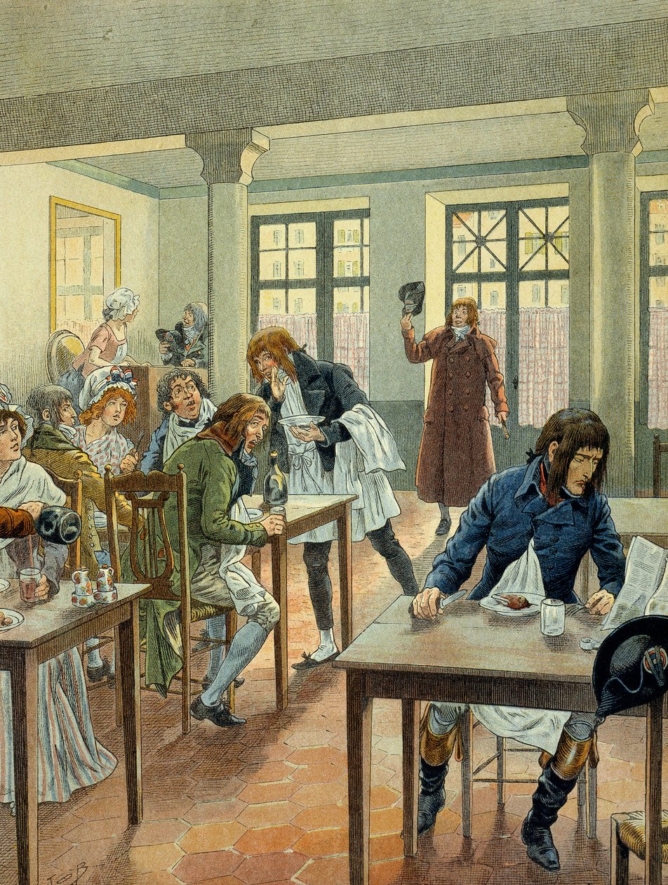 Fransk Revolution i 1789: Napoleon I Bonaparte (1769-1821) ung hos gargotier Justat, fra rue des petits peres (Petits-Peres) i Paris, reduceret til en enkelt ret, som han betalte for 6 under portionen. Illustration af Jacques Marie Gaston Onfray de af pseudonym for Onfray de Breville Jacques Job