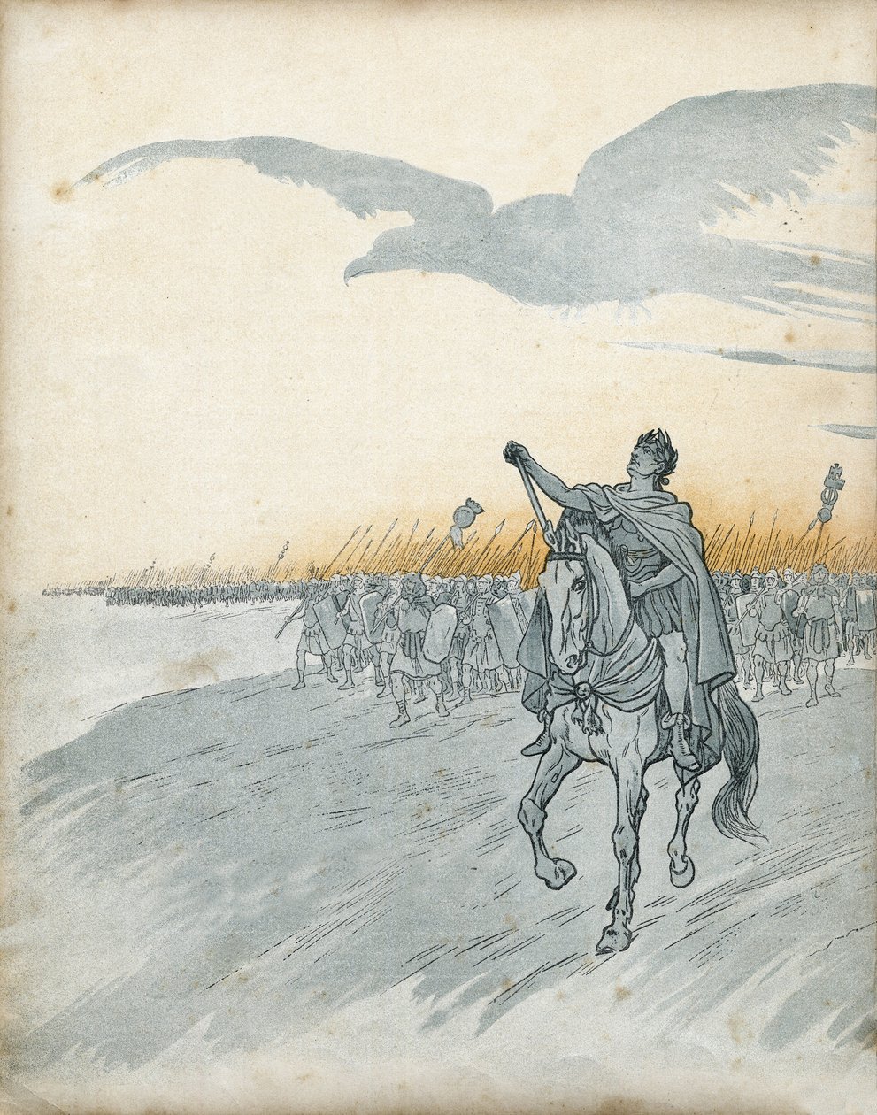 Gallienkrig: Gaius Julius Cæsar (dengang Jules cesar) (100-44 f.Kr.) og hans hær invaderer Gallien. Skyggen af en ørn, symbol på Romerriget, dukker op på himlen. i "Frankrig, hans historie fortalt af G. Montorgueil, afbildet af Job"" 1896. Privat samling. af pseudonym for Onfray de Breville Jacques Job