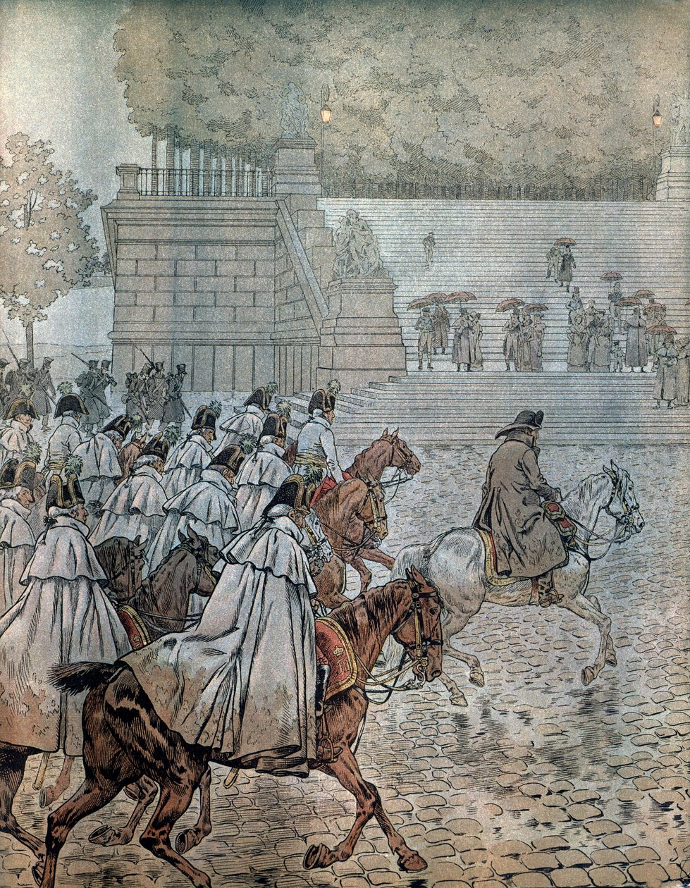 Tysk felttog i 1813: Napoleon I Bonaparte (1769-1821) og hans generalstab (stab) vendte tilbage til Dresden efter at have vundet slaget den 26. og 27. august. I "" Napoleon"" af Georges Montorgueil. Illustration af Jacques Marie Gaston Onfray de Breville d af pseudonym for Onfray de Breville Jacques Job