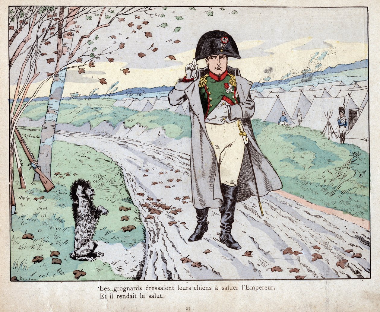 Grognards (Old Guard of Napoleon Bonaparte) trænede deres hunde til at hilse kejseren - litografi af Job (Jacques Onfroy de Breville) fra "" Le Grand Napoleon des Petites Enfants"" 1893 af pseudonym for Onfray de Breville Jacques Job