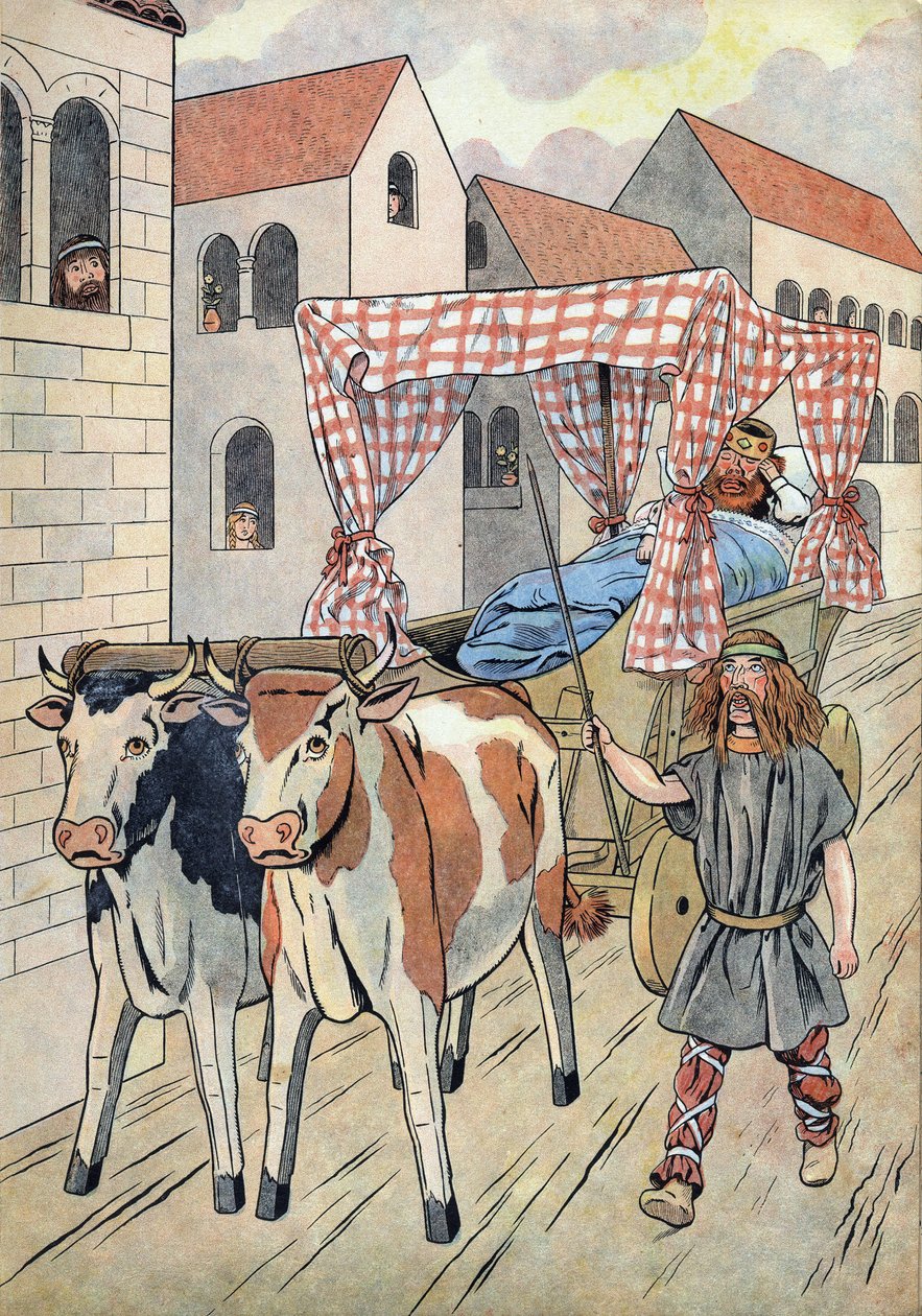 Frankrigs historie. Scene, der skildrer dovne konger i legetøj: Kongen af Frankrig Thierry III (673-691) bærer i en tank med en seng trukket af okser. I “” Joujoux a l