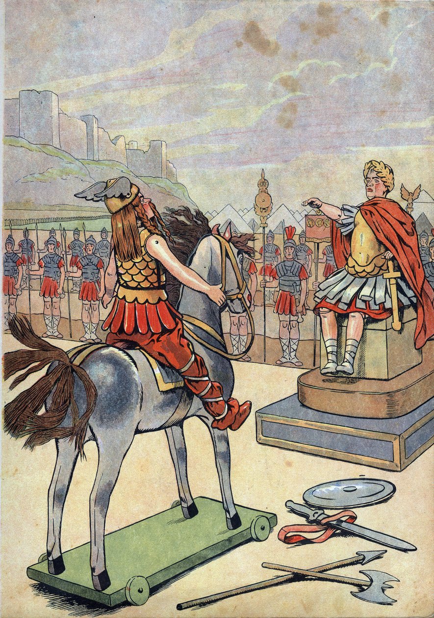 Frankrigs historie. Scene fra Romersk Gallien med legetøj: Gallisk leder Vercingetorix (72-46 f.Kr.) går til romersk høvding Jules Cesar (100-44 f.Kr.) efter slaget ved Alesia i 52 f.Kr. i "" Lad os spille historie: Frankrig iscenesat med Joujoux af to små af pseudonym for Onfray de Breville Jacques Job