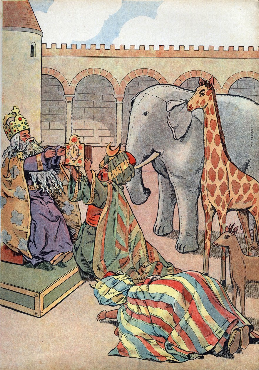 Frankrigs historie. Scene fra Karl den Stores liv i legetøj: Kalif Haron Al Rashid (Haron-Al-Rachid) giver Kongen af Frankrig Karl den Store (742-814) en giraf, en elefant og et ur. I "" Joujoux a l
