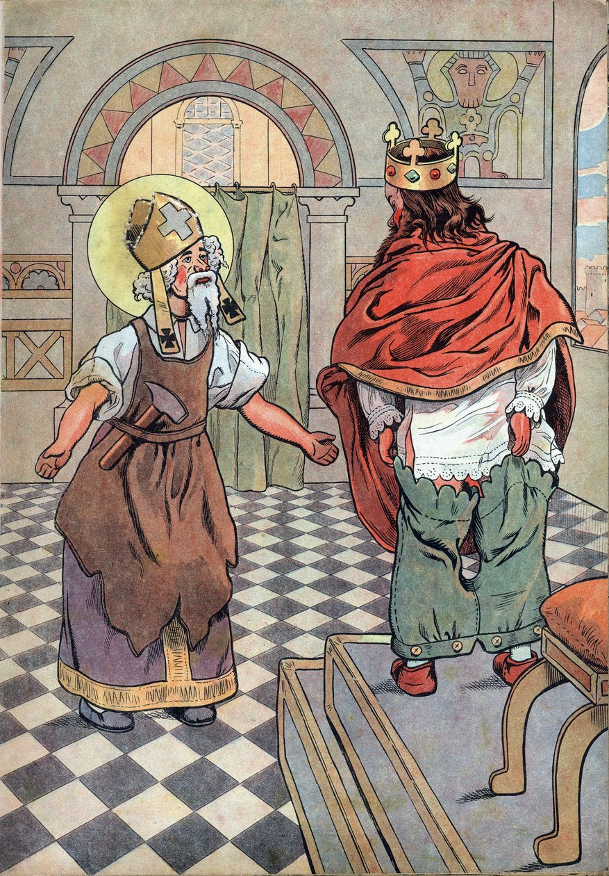 Frankrigs historie. Scene fra kong Dagoberts liv med legetøj: Sankt Eloi (v.588-659) påpeger over for kongen af Frankrig Dagobert I (602 eller 605-638 eller 639), at hans bukser blev sat på hovedet (underbukserne på hovedet). I "" Joujoux a l