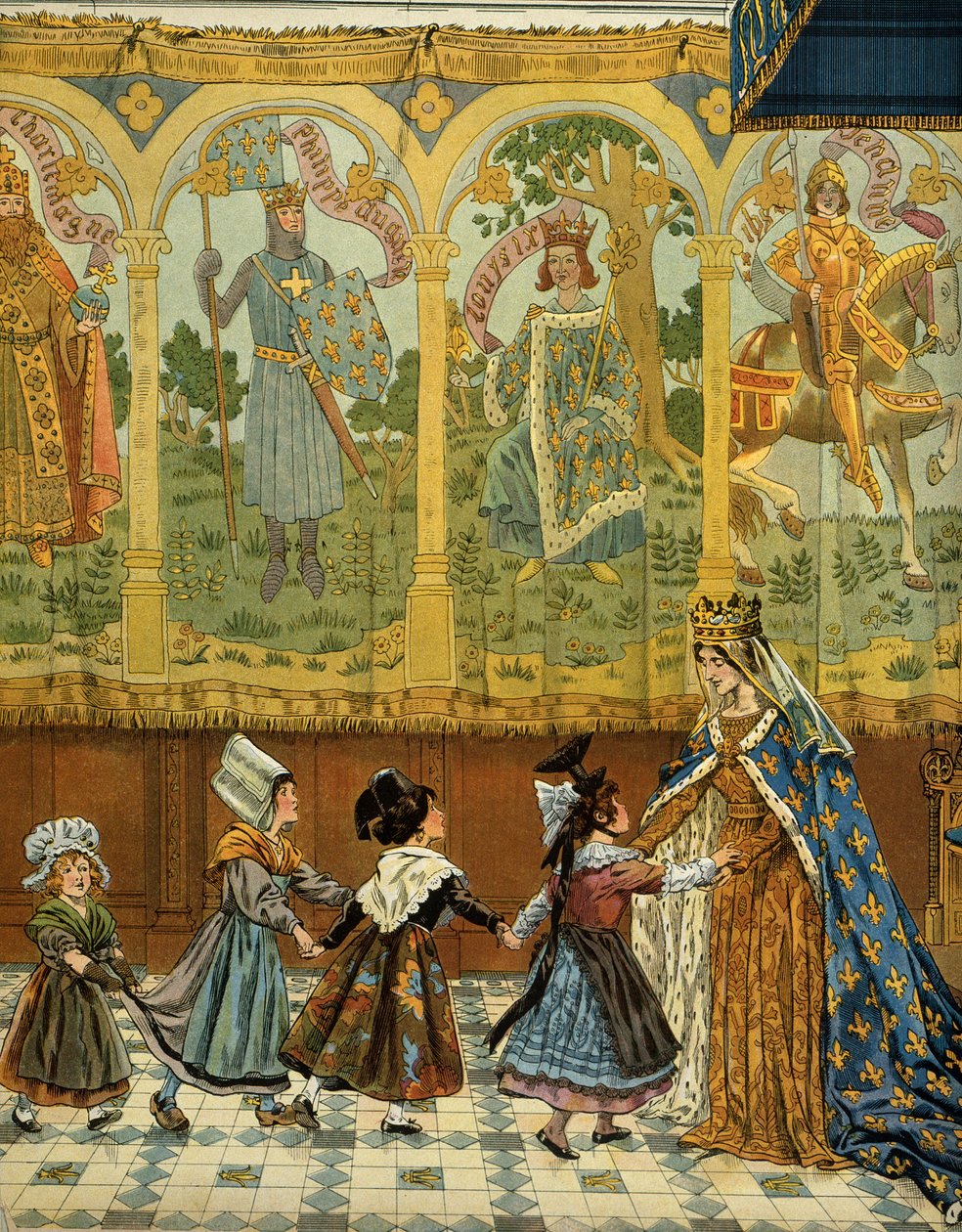 Frankrigs historie i middelalderen (middelalderen): Allegori af de franske provinser vidner om Frankrigs krone under kong Ludvig XI. kaldet den forsigtige (1423-1483). Illustration af Jacques Marie Gaston Onfray de Breville dit JOB (1858-1931 af pseudonym for Onfray de Breville Jacques Job