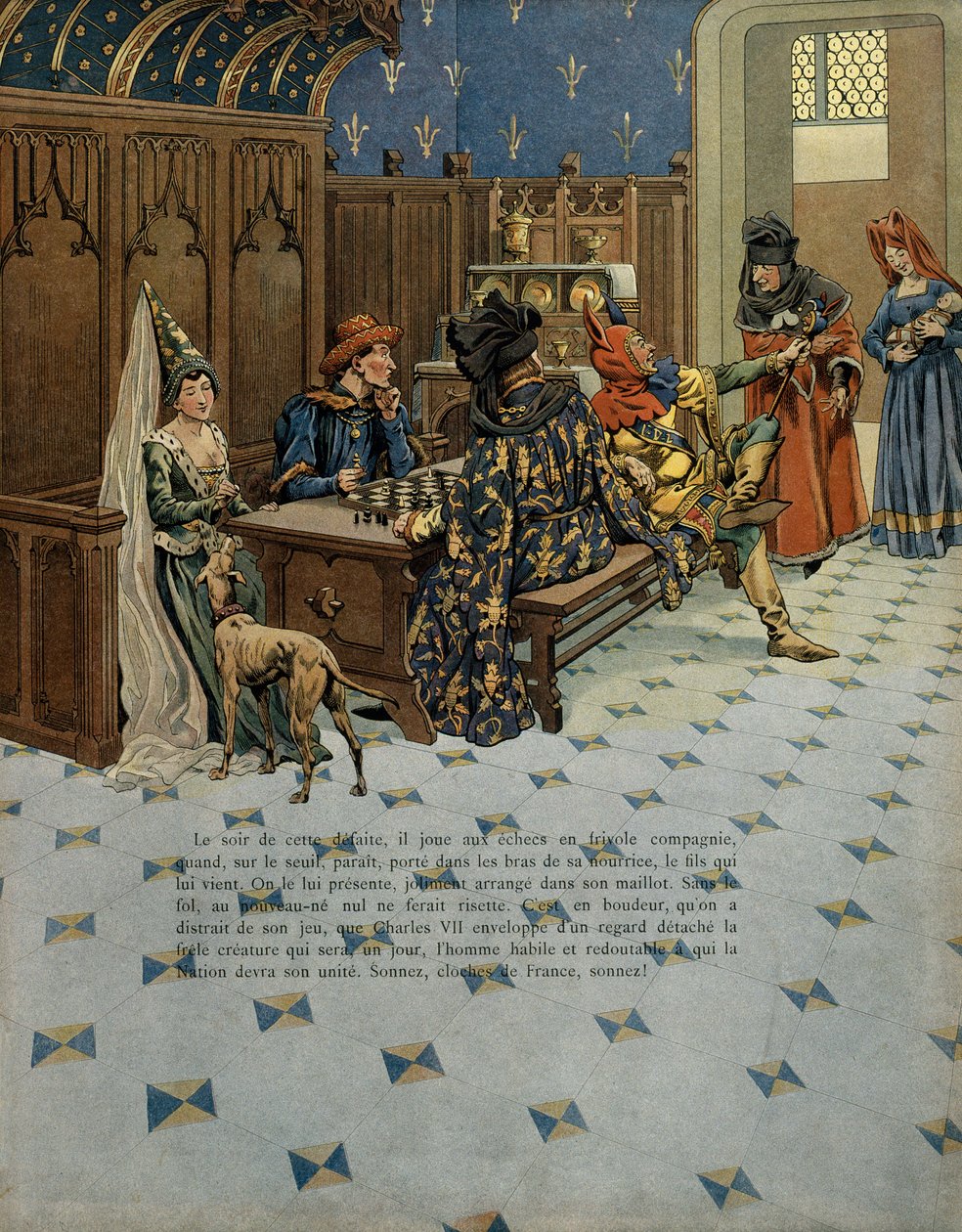 Frankrigs historie i middelalderen (middelalderen): Ludvigs fødsel (dengang konge af Frankrig Ludvig XI kaldet den forsigtige (1423-1483). Han er til stede hos sin far, kong Charles VII (1403-1461). Illustration af Jacques Marie Gaston Onfray de Breville d af pseudonym for Onfray de Breville Jacques Job