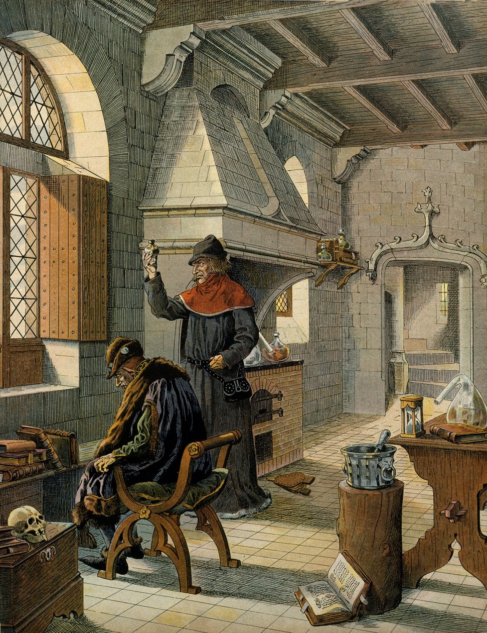 Frankrigs historie i middelalderen (middelalderen): Jacques Coictier, første læge for kongen af Frankrig, Ludvig XI, kaldet den forsigtige (1423-1483), forberedte ham et middel. Illustration af Jacques Marie Gaston Onfray de Breville dit JOB (1858-1931) af pseudonym for Onfray de Breville Jacques Job