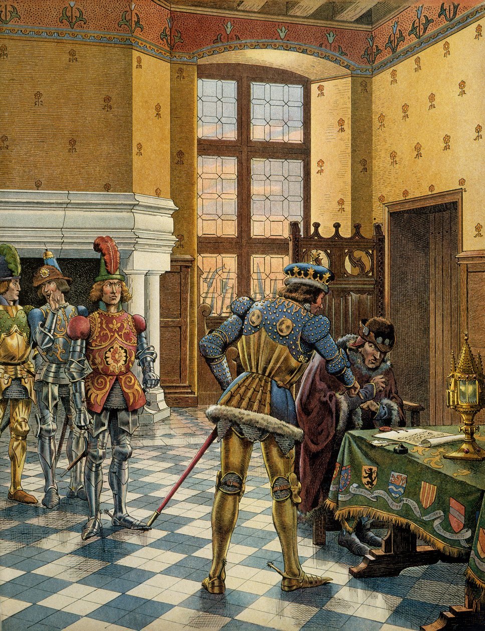 Frankrigs historie i middelalderen (middelalderen): Peronnes interview mellem 9. og 14. oktober 1468 mellem kong Ludvig XI sagde, at den forsigtige (1423-1483) og Charles the Temeraire (1433-1477) Illustration af Jacques Marie Gaston Onfray af Breville kal af pseudonym for Onfray de Breville Jacques Job