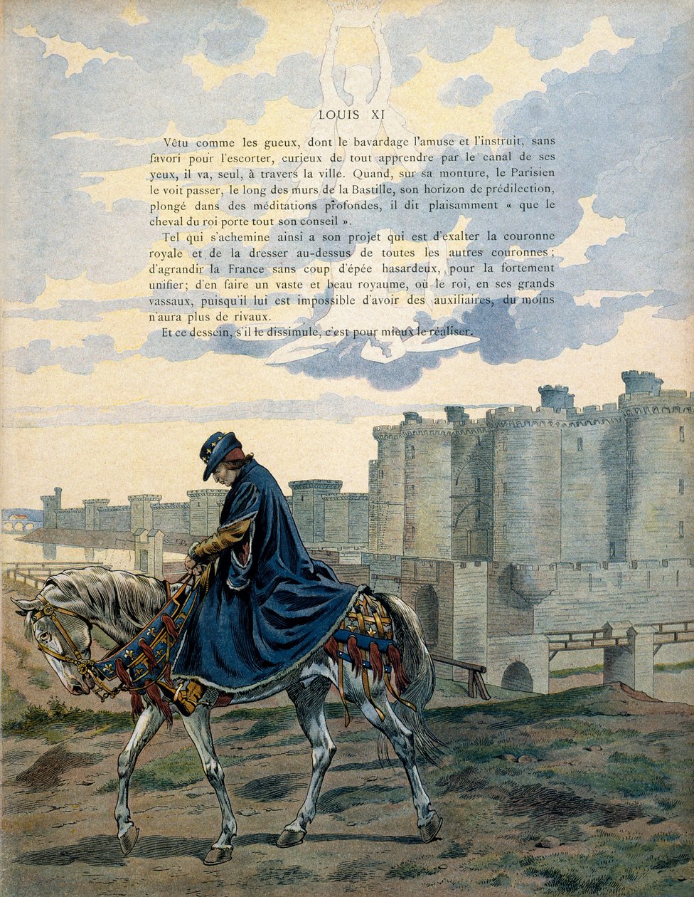 Frankrigs historie i middelalderen (middelalderen): Kongen af Frankrig Ludvig XI kaldet den forsigtige (1423-1483) går gennem gaderne i Paris og foran Bastille-fængslet uden at udsmykke eller eskortere. Illustration af Jacques Marie Gaston Onfray af pseudonym for Onfray de Breville Jacques Job