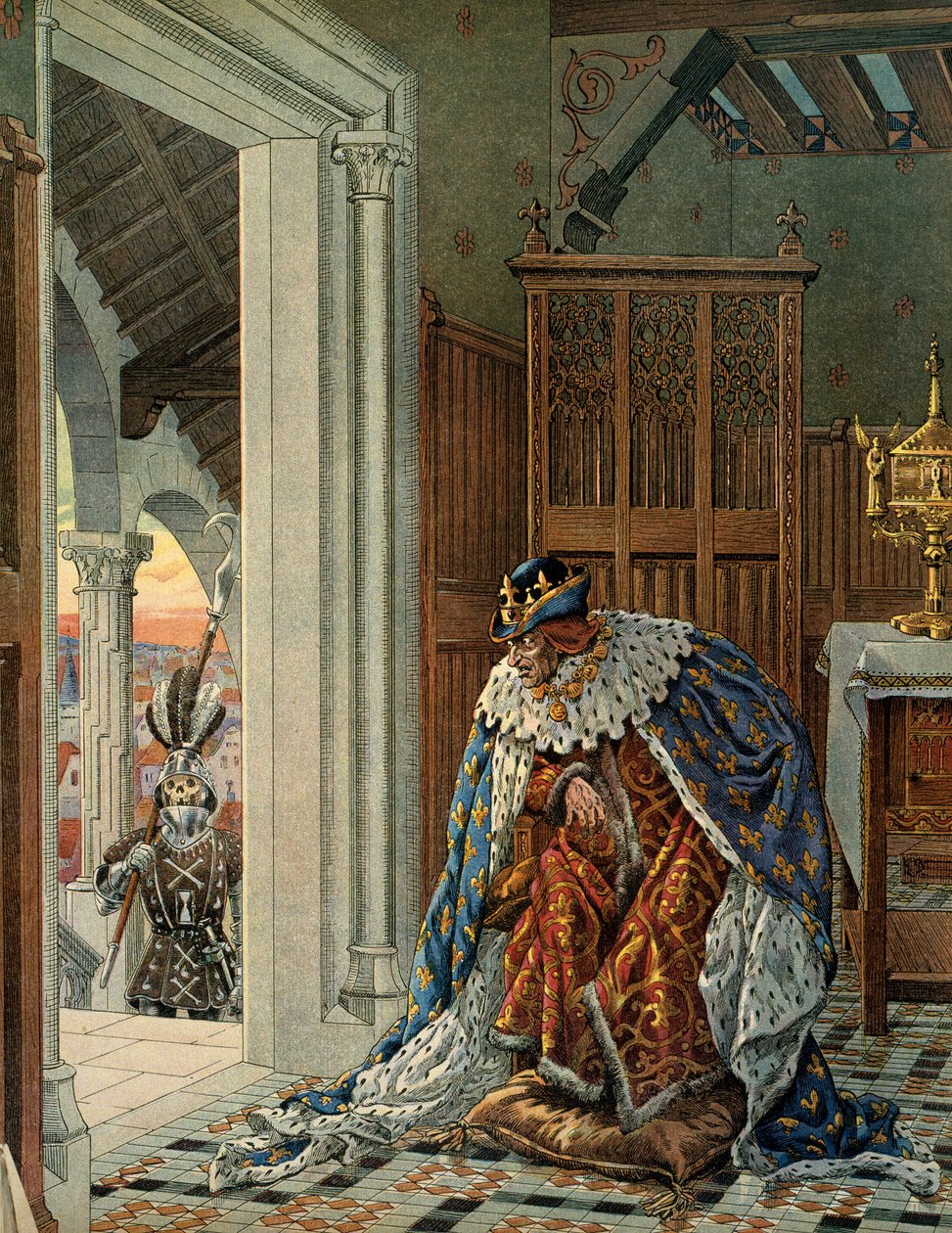 Frankrigs historie i middelalderen (middelalderen): Kongen af Frankrig Ludvig XI siger, at den forsigtige (1423-1483) er bange for, at døden kommer i rustning på dørtrinnet. Illustration af Jacques Marie Gaston Onfray de Breville dit JOB (1858-1931) af pseudonym for Onfray de Breville Jacques Job