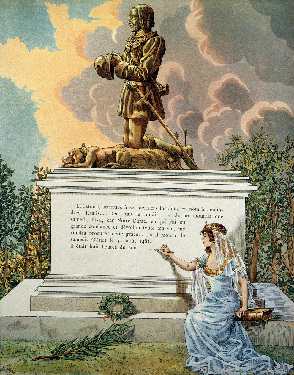 Frankrigs historie i middelalderen (middelalderen): Kongen af Frankrig Ludvig XIs grav, kaldet den forsigtige (1423-1483) ved Notre Dame de Clery (Notre-Dame-de-Clery), Loire-dalen. Illustration af Jacques Marie Gaston Onfray de Breville dit JOB (1858-1931 af pseudonym for Onfray de Breville Jacques Job