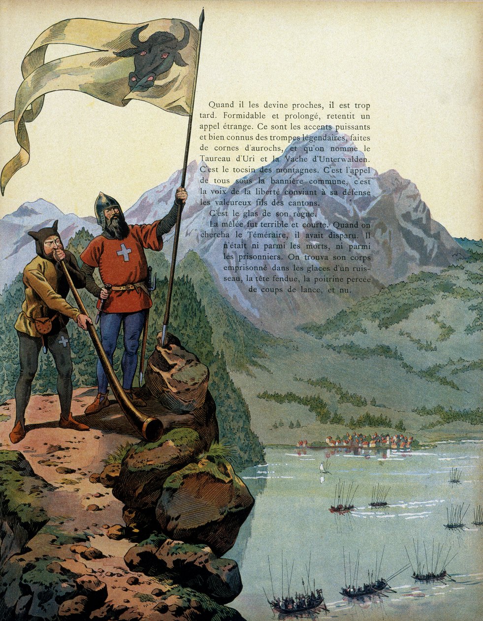 Frankrigs historie i middelalderen: Tropperne fra Charles the Temeraire (1433-1477), hertugen af Bourgogne, går ind i Vauds land i Schweiz. Illustration af Jacques Marie Gaston Onfray de Breville dit JOB (1858-1931) af pseudonym for Onfray de Breville Jacques Job