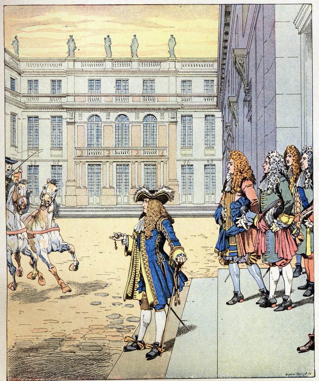 Jeg ventede næsten! ordene fra kongen af Frankrig Ludvig XIV sagde kong Soleil (1638-1715) talt foran slottet i Versailles, da hans karrosser ankom på det præcise tidspunkt. Illustration af Job (Jacques Marie Gaston Onfray og Breville) (Jacques-Marie) af pseudonym for Onfray de Breville Jacques Job