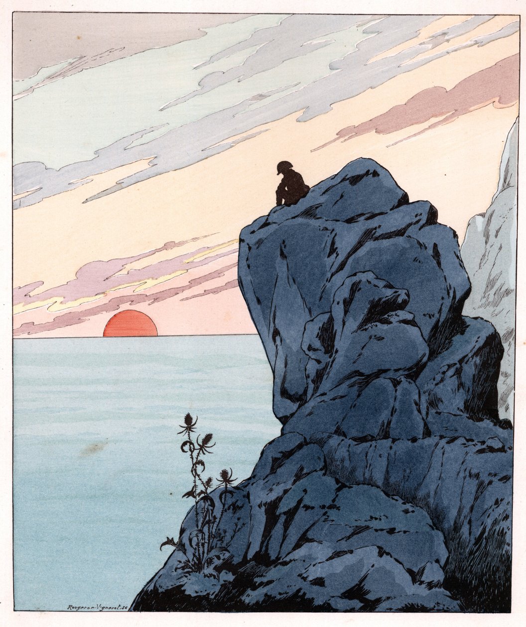 Jeg kommer, ligesom Themistokles, for at sidde hjemme hos det britiske folks ord af Napoleon I Bonaparte (1769-1821) i en melankolsk holdning i eksil på en klippe på St. Helene Island. Illustration af Job (Jacques Marie Gaston Onfray og Breville) (Jacques- af pseudonym for Onfray de Breville Jacques Job