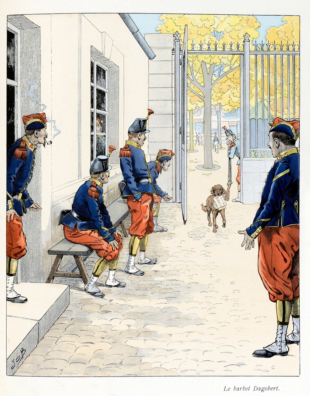 Illustration hentet fra bogen "A la gloire des betes"" tekst af A Fabre, tegninger af Jacques Marie Gaston Onfray de Breville dit JOB (1858-1931), udgiver Maison Alfred Mame et fils: Barbet Dagobert (i en kaserne i Paris) ), Samling Delvis af pseudonym for Onfray de Breville Jacques Job