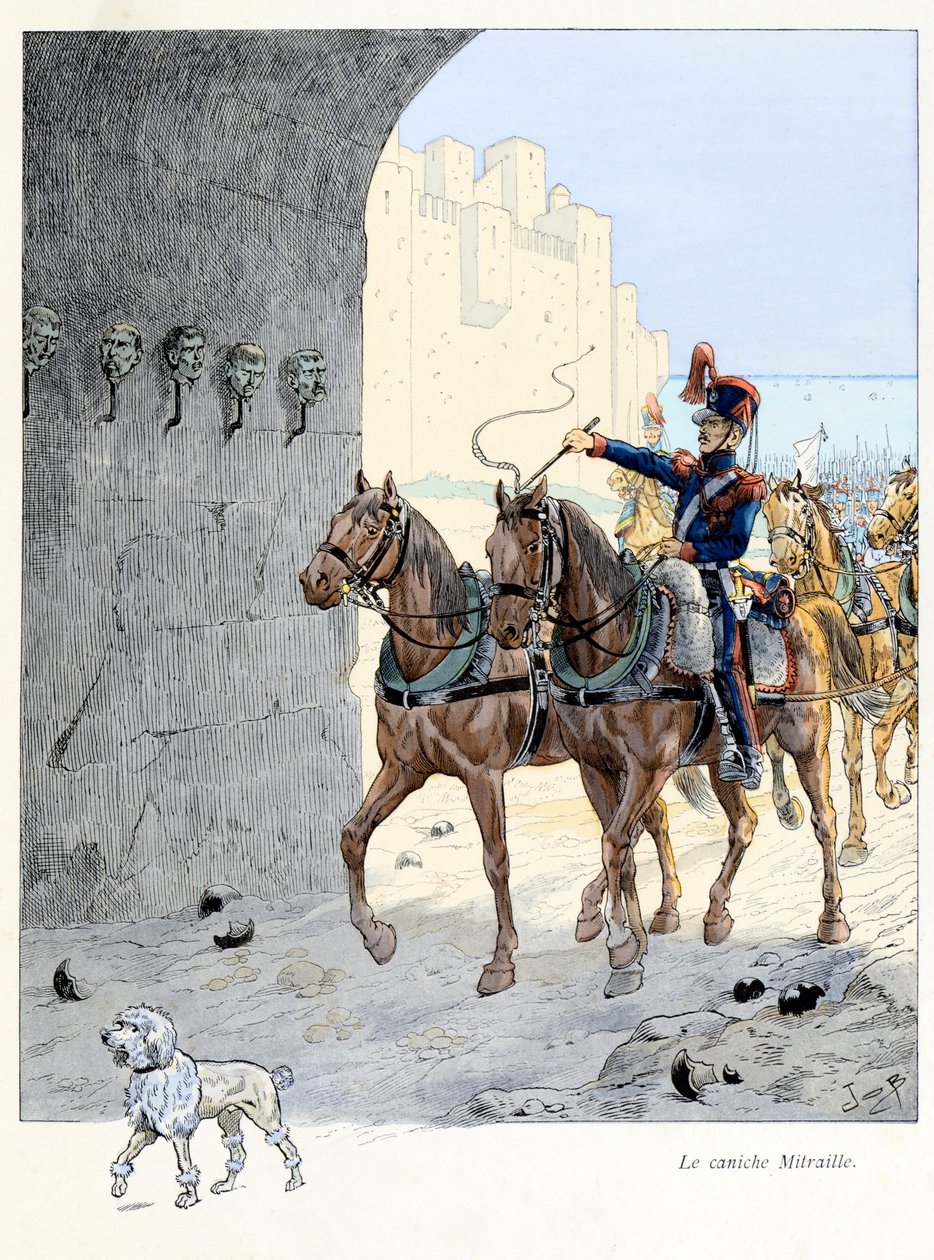 Illustration fra bogen “A la gloire des betes”” tekst af A Fabre, tegninger af Jacques Marie Gaston Onfray de Breville dit JOB (1858-1931), forlag Maison Alfred Mame et fils: Mitraillepudlen (simpel puddel i 2. artilleri) regiment, han var th af pseudonym for Onfray de Breville Jacques Job