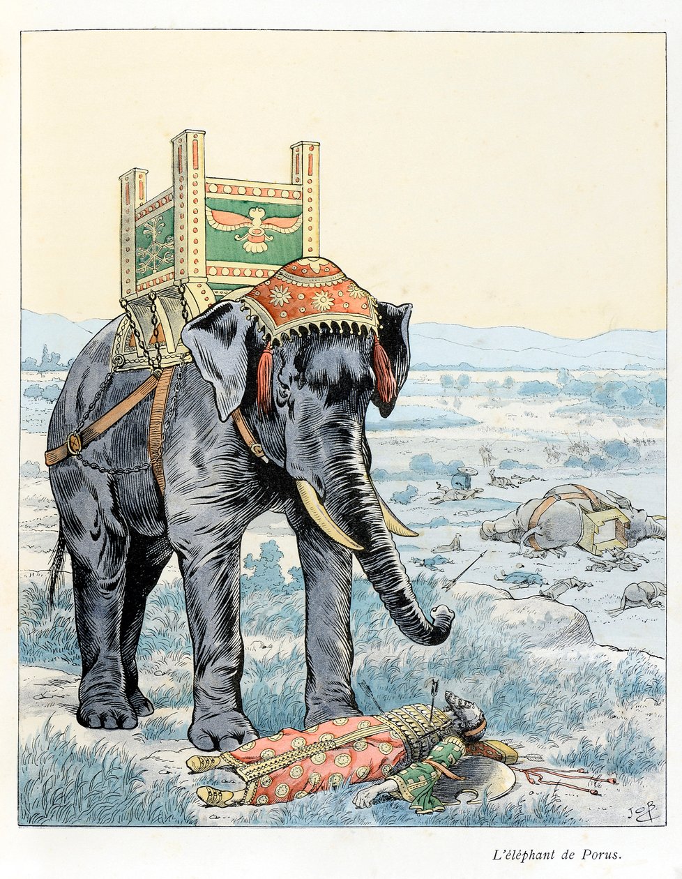 Illustration fra bogen "In the Glory of the Beasts"" tekst af A Fabre, tegninger af Jacques Marie Gaston Onfray de Breville siger JOB (1858-1931), udgiver Maison Alfred Mother and Son: The Elephant of Porus (I slaget ved Hydaspe). i 328 f.Kr. besejrede Por af pseudonym for Onfray de Breville Jacques Job