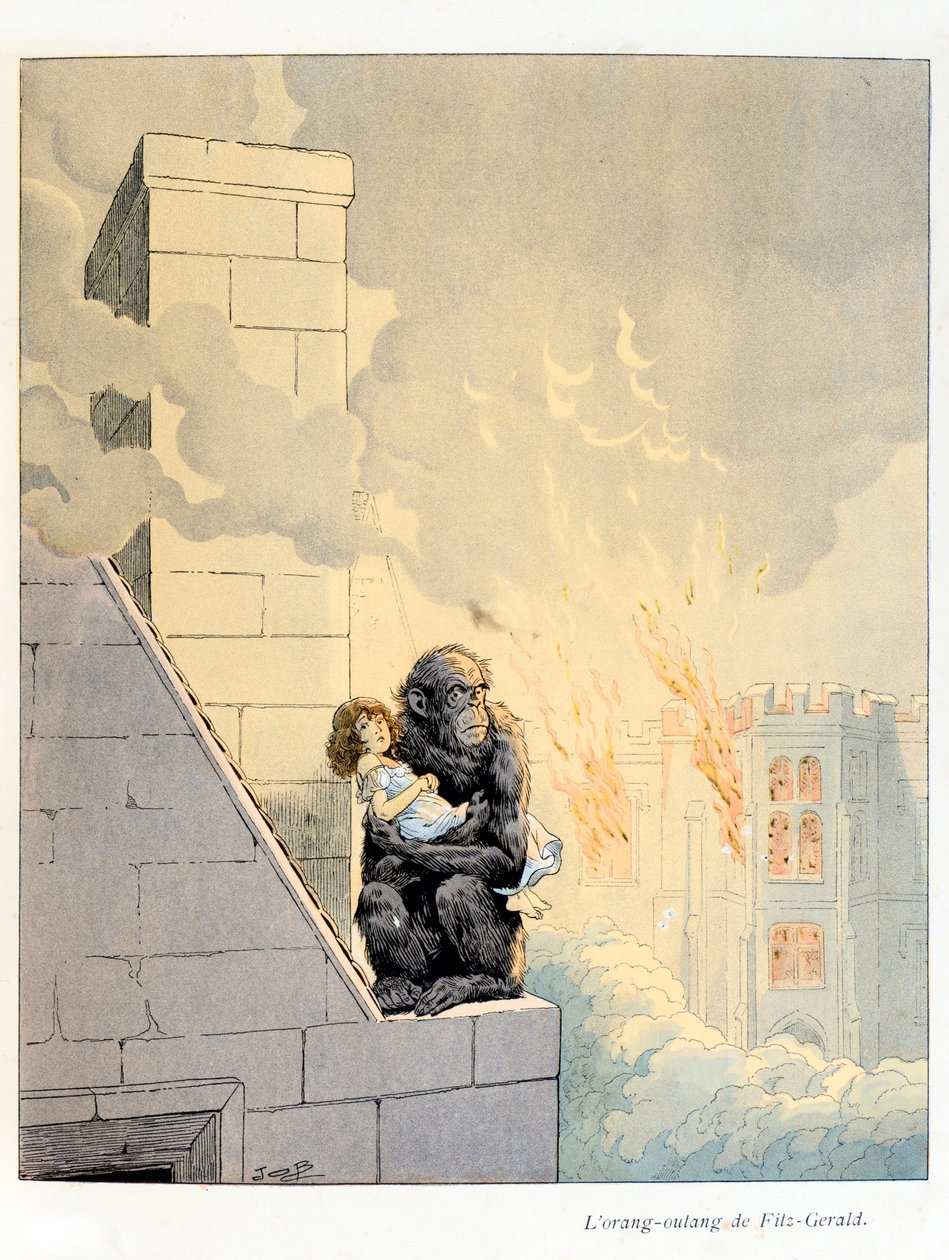 Illustration fra bogen "To the Glory of the Beasts"" tekst af A Fabre, illustrationer af Jacques Marie Gaston Onfray de Breville Dit JOB (1858-1931), forlaget Alfred Mame and Son: The Outan Orang af Fitz-Gerald (Fitz) Gerald) (hertug af Leicester, markis a af pseudonym for Onfray de Breville Jacques Job