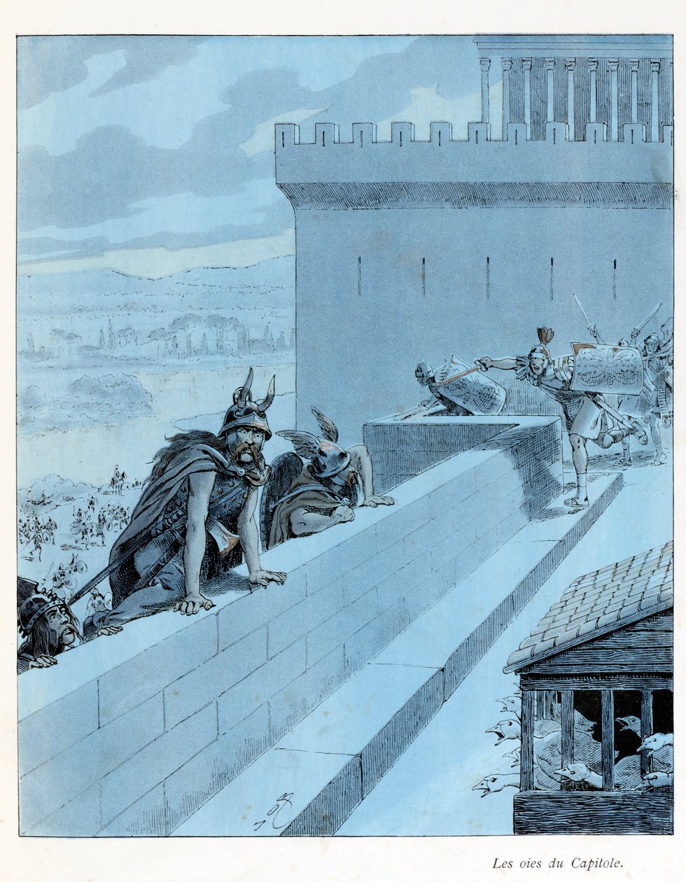 Illustration fra bogen "A la Glory des Betes"" tekst af A Fabre, tegninger af Jacques Marie Gaston Onfray de Breville dit JOB (1858-1931), redaktør Maison Alfred Mame et fils: Les goies du Capitole (890 f.Kr.), les Gallernes belejring af Rom, delvis samlin af pseudonym for Onfray de Breville Jacques Job