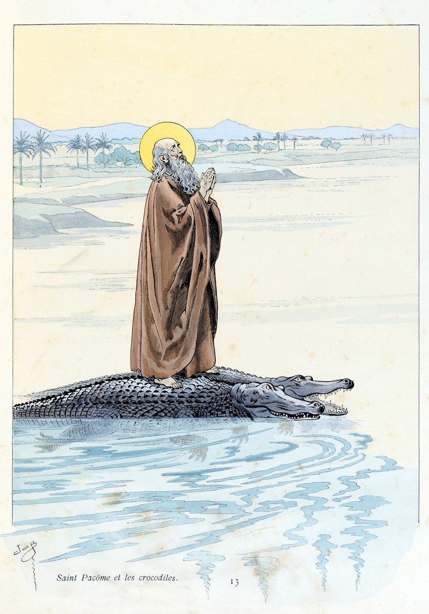 Illustration fra bogen "A la Glory des Betes"" tekst af A Fabre, tegninger af Jacques Marie Gaston Onfray de Breville dit JOB (1858-1931), redaktør Maison Alfred Mame et fils: Saint Pacome (abbe 292-348) og Krokodiller, Privat Samling af pseudonym for Onfray de Breville Jacques Job