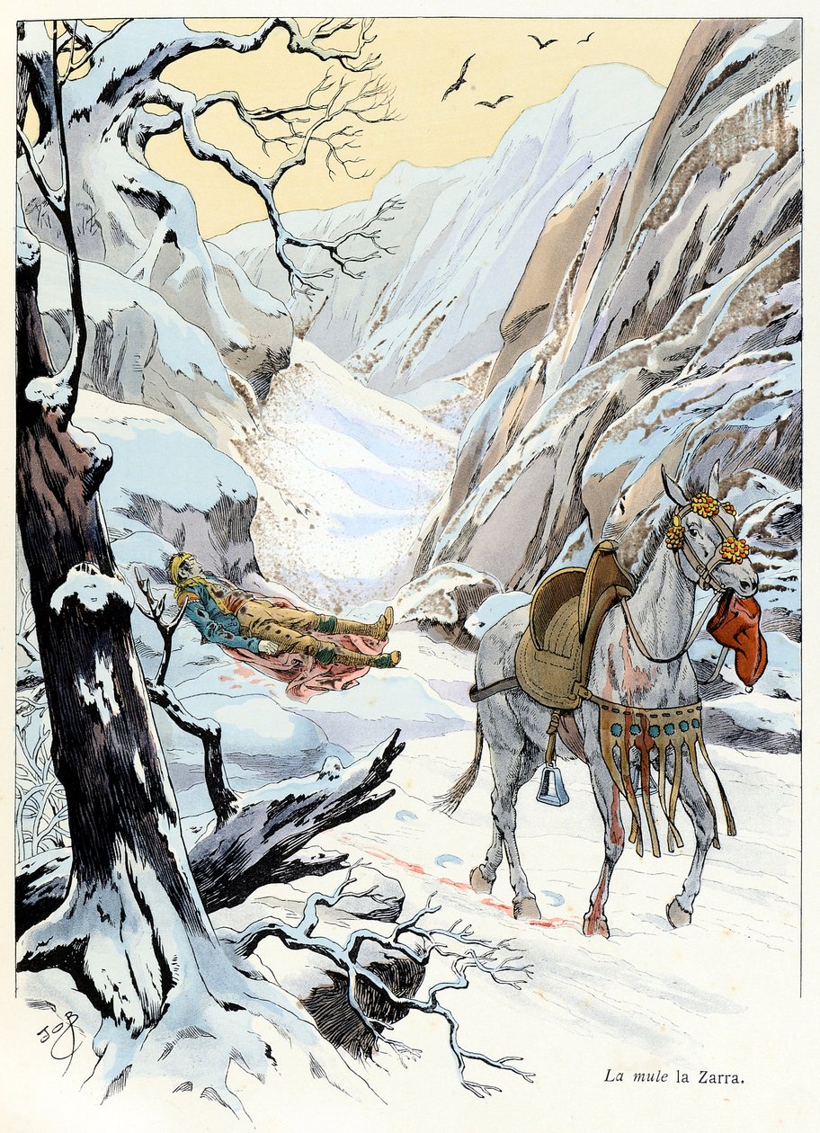 Illustration fra bogen "A la gloire des betes"" tekst af A Fabre, tegninger af Jacques Marie Gaston Onfray de Breville dit JOB (1858-1931), forlægger Maison Alfred Mame og søn: La mule 