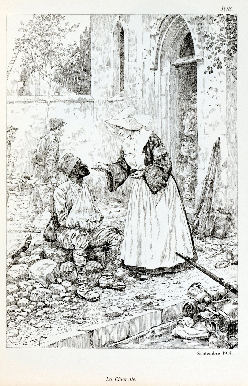 Illustration fra bogen "La Grande Guerre par les artistes"": "" La cigarette Septembre 1914""" religiøse giver en cigaret til en såret soldat af Jacques Marie Gaston Onfray de Breville dit JOB (1858-1931), Delvis Samling af pseudonym for Onfray de Breville Jacques Job