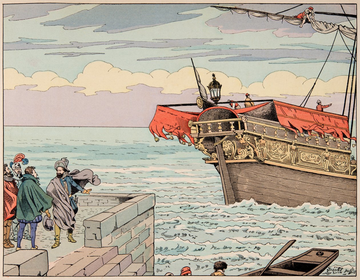 Illustration fra bogen "" Le bon roy Henri"", illustreret af Jacques Marie Gaston Onfray de Breville dit JOB (1858-1931): Henri IV afviser rådet om at flygte til England - Privat samling af pseudonym for Onfray de Breville Jacques Job