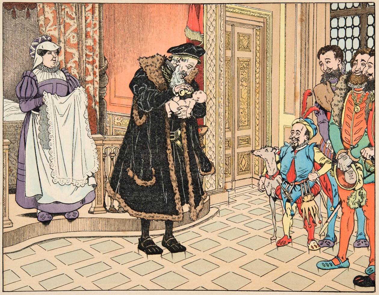 Illustration fra bogen “Le bon roy Henri””, illustreret af Jacques Marie Gaston Onfray de Breville dit JOB (1858-1931): Fødsel af Henri IV, hans bedstefar, Henri d