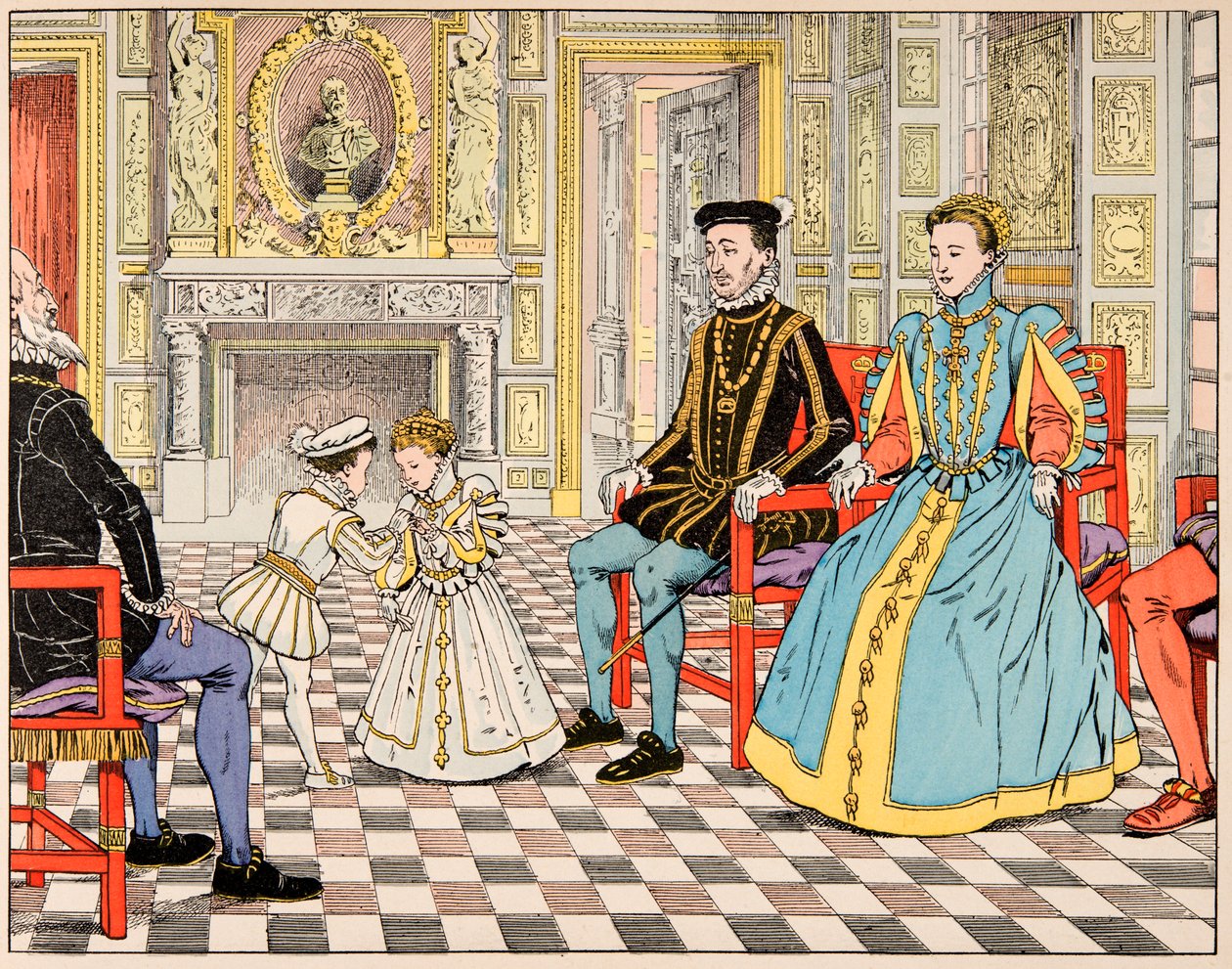 Illustration fra bogen "Le bon roy Henri", illustreret af Jacques Marie Gaston Onfray de Breville dit JOB (1858-1931): Antoine de Bourbon tog ham med til Paris og præsenterede ham for sin fætter Henri II, som rakte ham hånden af sin datter Marguerite de af pseudonym for Onfray de Breville Jacques Job