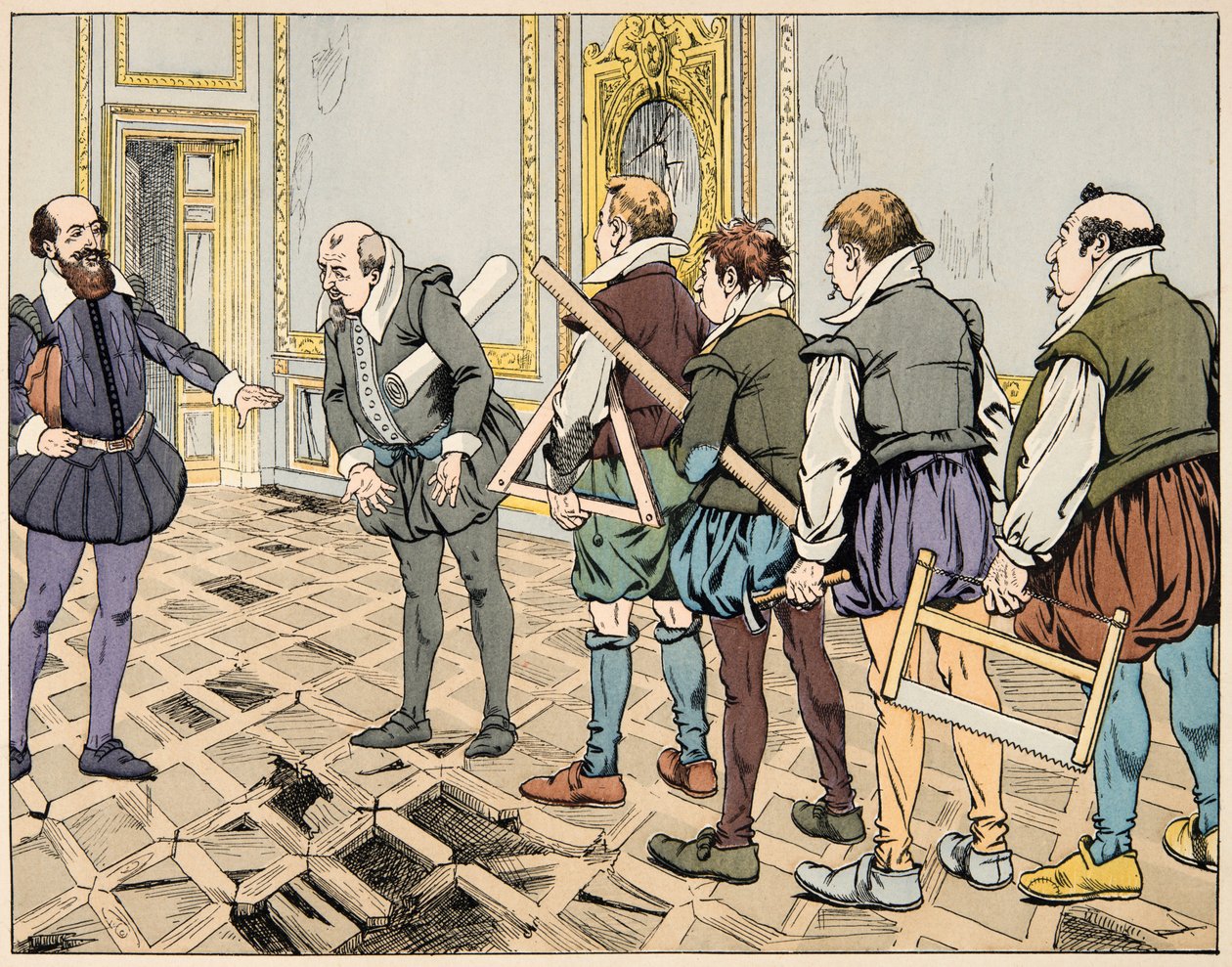 Illustration fra bogen "Le bon roy Henri", illustreret af Jacques Marie Gaston Onfray de Breville dit JOB (1858-1931): Sully (Maximilian de Bethune) viser en alvorlig økonomi - Privat samling af pseudonym for Onfray de Breville Jacques Job