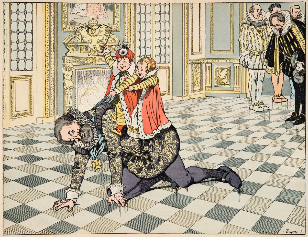 Illustration fra bogen “Le bon roy Henri”, illustreret af Jacques Marie Gaston Onfray de Breville dit JOB (1858-1931): Foran den spanske ambassadør leger Henri IV med sine børn - Privat samling af pseudonym for Onfray de Breville Jacques Job