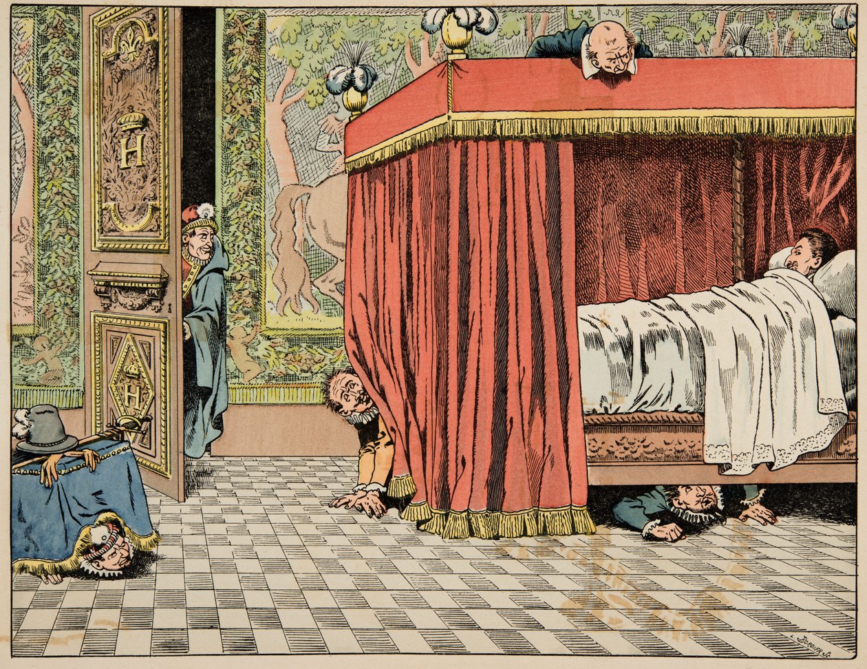 Illustration fra bogen “Le bon roy Henri”, illustreret af Jacques Marie Gaston Onfray de Breville dit JOB (1858-1931): Henri IV bor i Paris under spionernes øje - Privat samling af pseudonym for Onfray de Breville Jacques Job