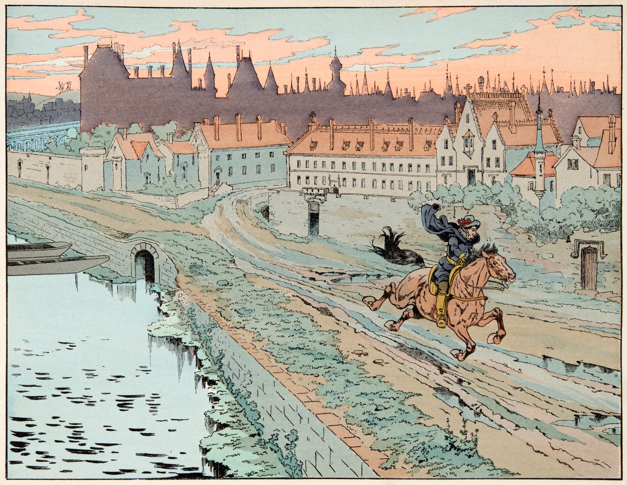 Illustration taget fra bogen “” Le bon roy Henri””, illustreret af Jacques Marie Gaston Onfray de Breville dit JOB (1858-1931): I 1575 flygtede Henri IV fra Paris - Privat samling af pseudonym for Onfray de Breville Jacques Job