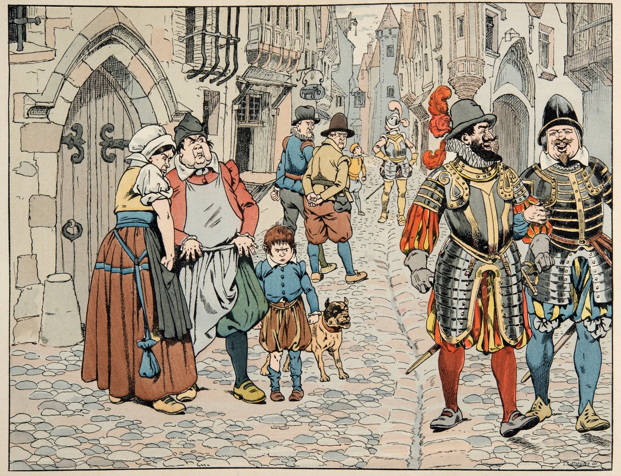 Illustration taget fra bogen “” Le bon roy Henri””, illustreret af Jacques Marie Gaston Onfray de Breville dit JOB (1858-1931): Pariserne ser med dårligt øje de udenlandske tropper, der kommer for at hjælpe dem - Privat samling af pseudonym for Onfray de Breville Jacques Job