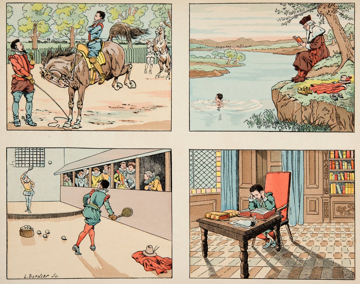 Illustration taget fra bogen "" Le bon roy Henri"", illustreret af Jacques Marie Gaston Onfray de Breville dit JOB (1858-1931): Uddannelse af Henri IV - Privat samling af pseudonym for Onfray de Breville Jacques Job