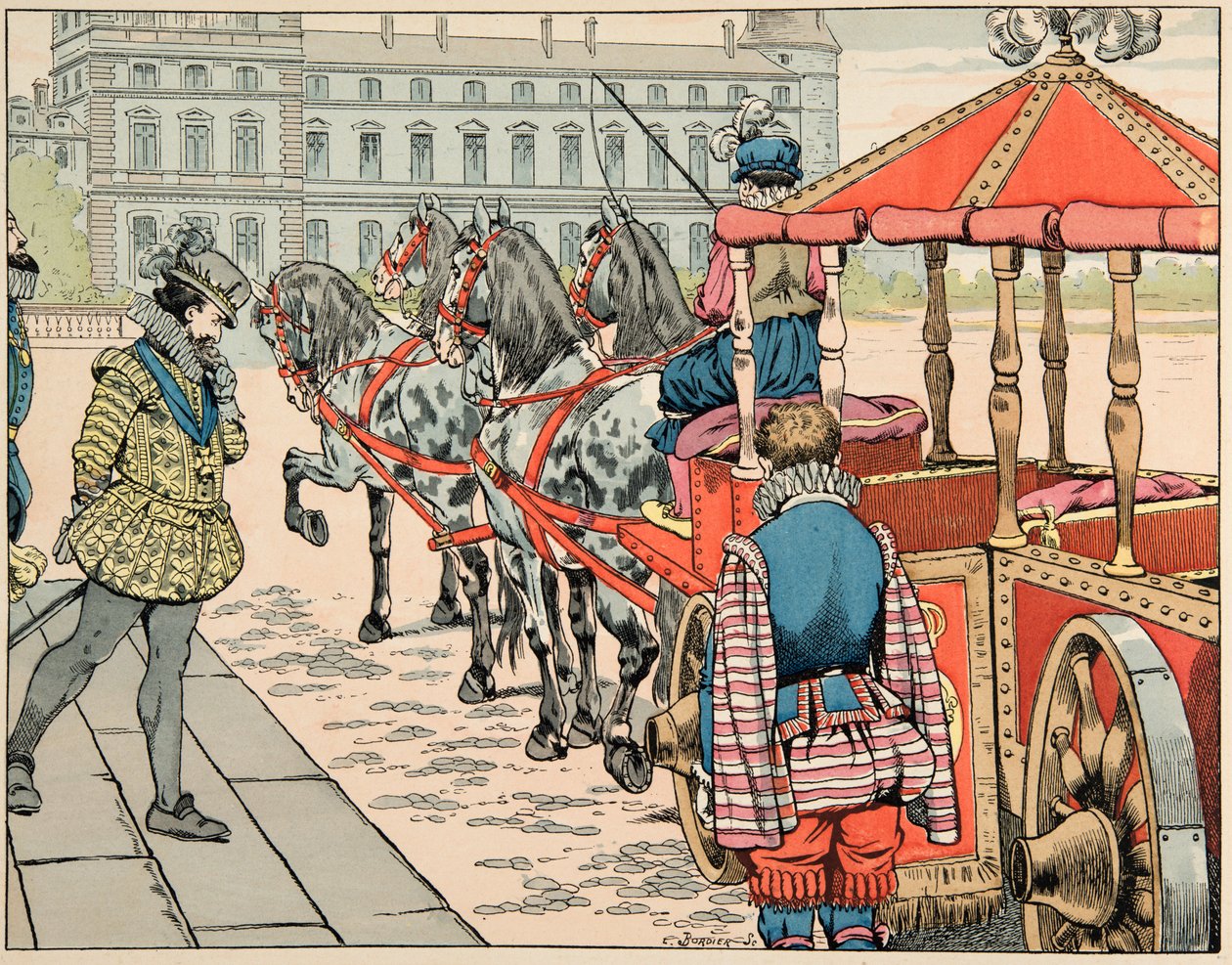 Illustration hentet fra bogen "" Le bon roy Henri"", illustreret af Jacques Marie Gaston Onfray de Breville dit JOB (1858-1931): Den 14. maj 1610 ærgrer Henri IV at køre i sin udækkede vogn - Privat samling af pseudonym for Onfray de Breville Jacques Job
