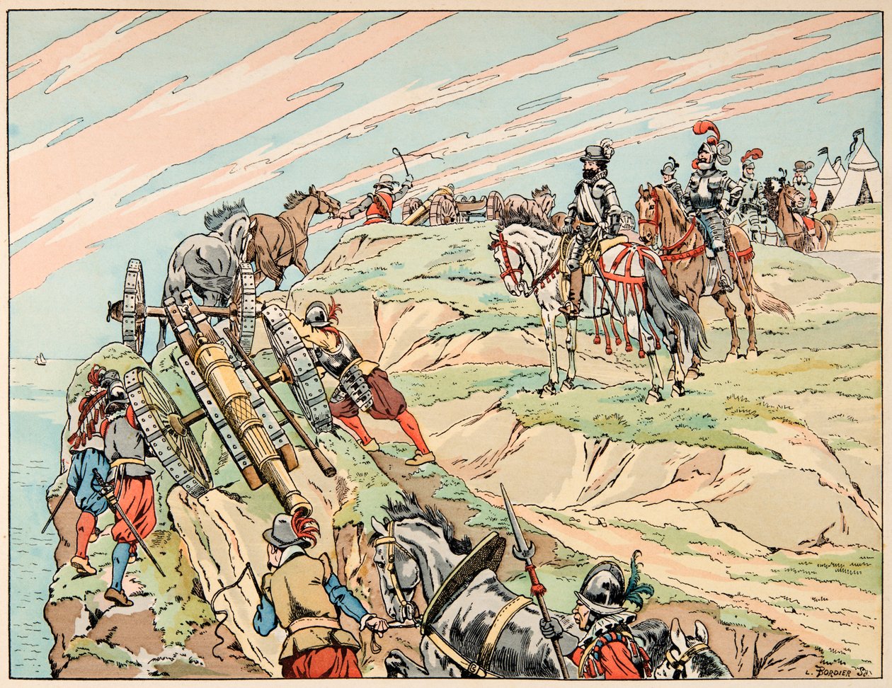 Illustration taget fra bogen "" Le bon roy Henri"", illustreret af Jacques Marie Gaston Onfray de Breville dit JOB (1858-1931): Henri IV i krig etablerede sin lejr nær Dieppe med sit artilleri - Privat samling af pseudonym for Onfray de Breville Jacques Job