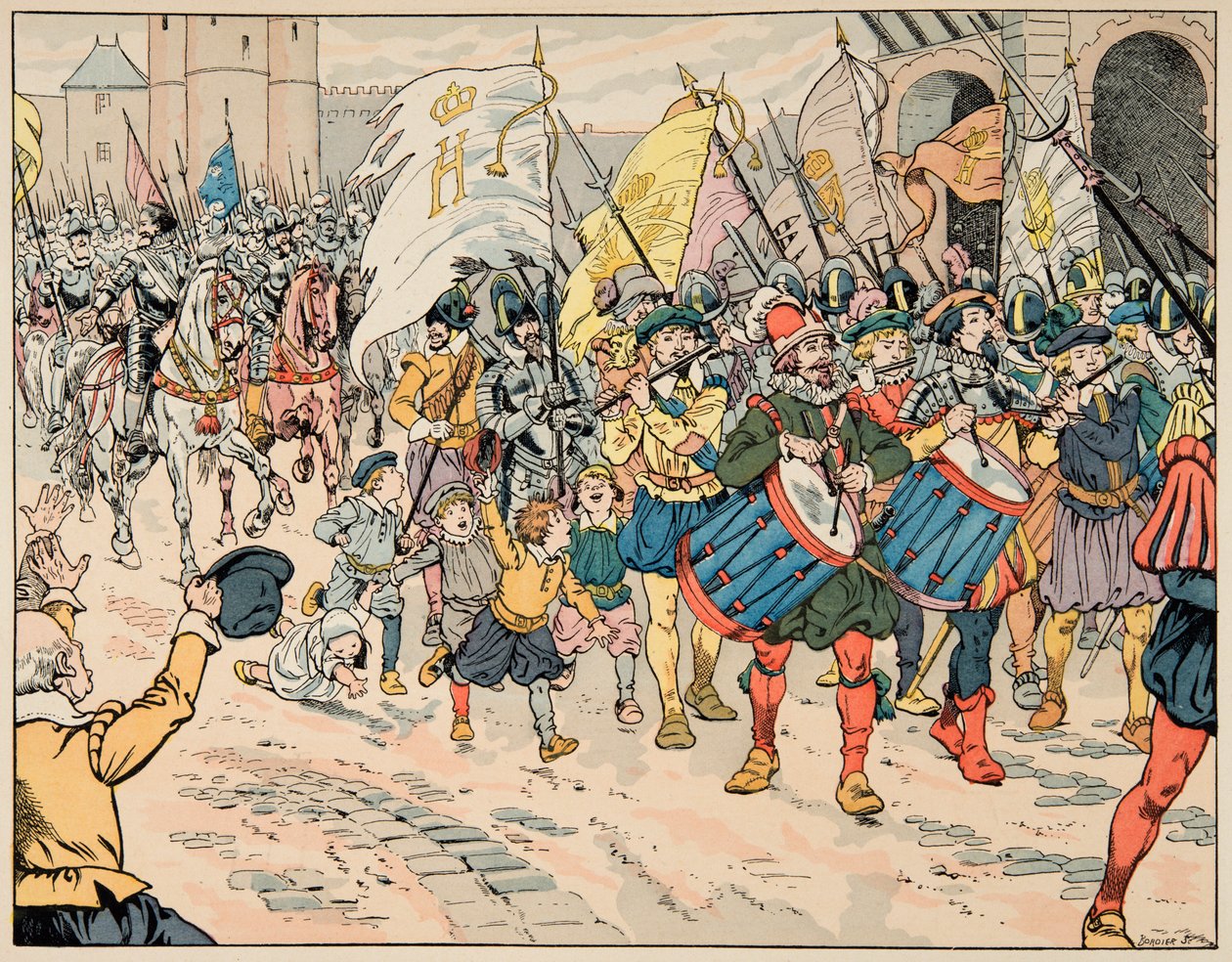 Illustration taget fra bogen "" Le bon roy Henri"", illustreret af Jacques Marie Gaston Onfray de Breville dit JOB (1858-1931): Indført af Henri IV i Paris den 21. marts 1594 - Privat samling af pseudonym for Onfray de Breville Jacques Job