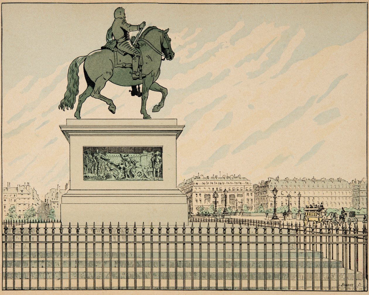 Illustration taget fra bogen "" Le bon roy Henri"", illustreret af Jacques Marie Gaston Onfray de Breville dit JOB (1858-1931): Statue erige til minde om Henri IV - Privat samling af pseudonym for Onfray de Breville Jacques Job