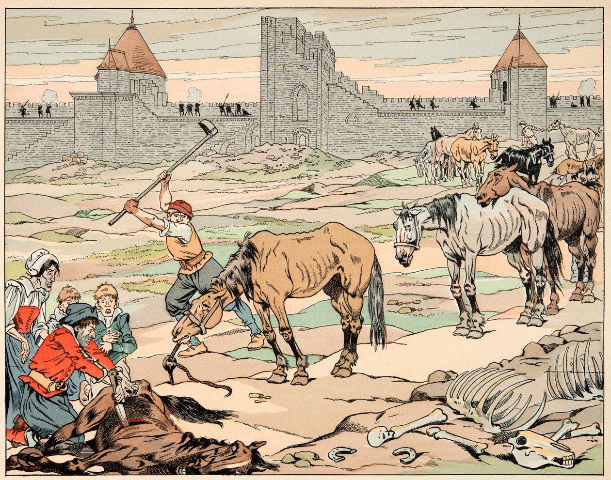 Illustration hentet fra bogen “” Le bon roy Henri””, illustreret af Jacques Marie Gaston Onfray de Breville dit JOB (1858-1931): sultne parisere slagter deres heste - Privat samling af pseudonym for Onfray de Breville Jacques Job