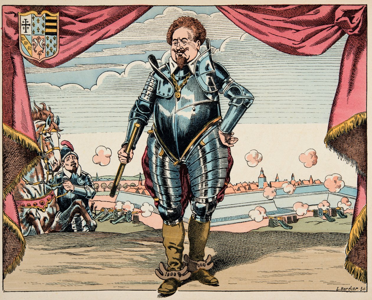 Illustration taget fra bogen "Le bon roy Henri", illustreret af Jacques Marie Gaston Onfray de Breville dit JOB (1858-1931): Portræt af Charles de Lorraine (1554-1611), hertug af Mayenne, militær leder af ligaen, fjende af Henri IV - Privat samling af pseudonym for Onfray de Breville Jacques Job