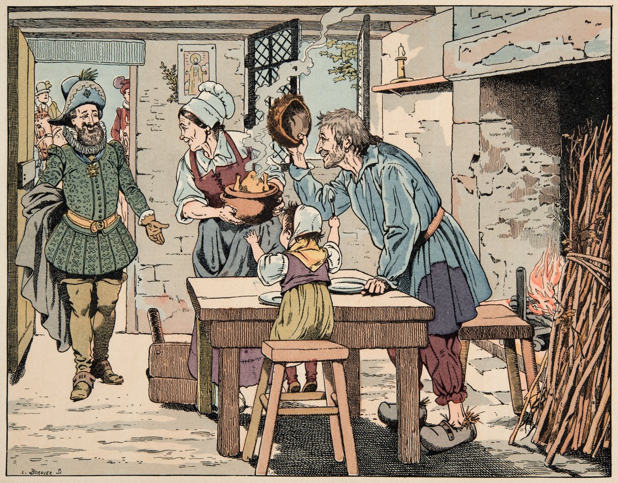 Illustration taget fra bogen “Le bon roy Henri””, illustreret af Jacques Marie Gaston Onfray de Breville dit JOB (1858-1931): Henri IV i bønderne, at spise kyllingen i gryden - Privat samling af pseudonym for Onfray de Breville Jacques Job