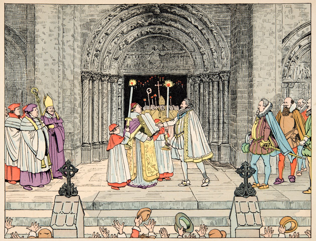 Illustration hentet fra bogen "Le bon roy Henri", illustreret af Jacques Marie Gaston Onfray de Breville dit JOB (1858-1931): Henri IV, Basilica Saint Denis afsværger sin religion og konverterer - Privat samling af pseudonym for Onfray de Breville Jacques Job