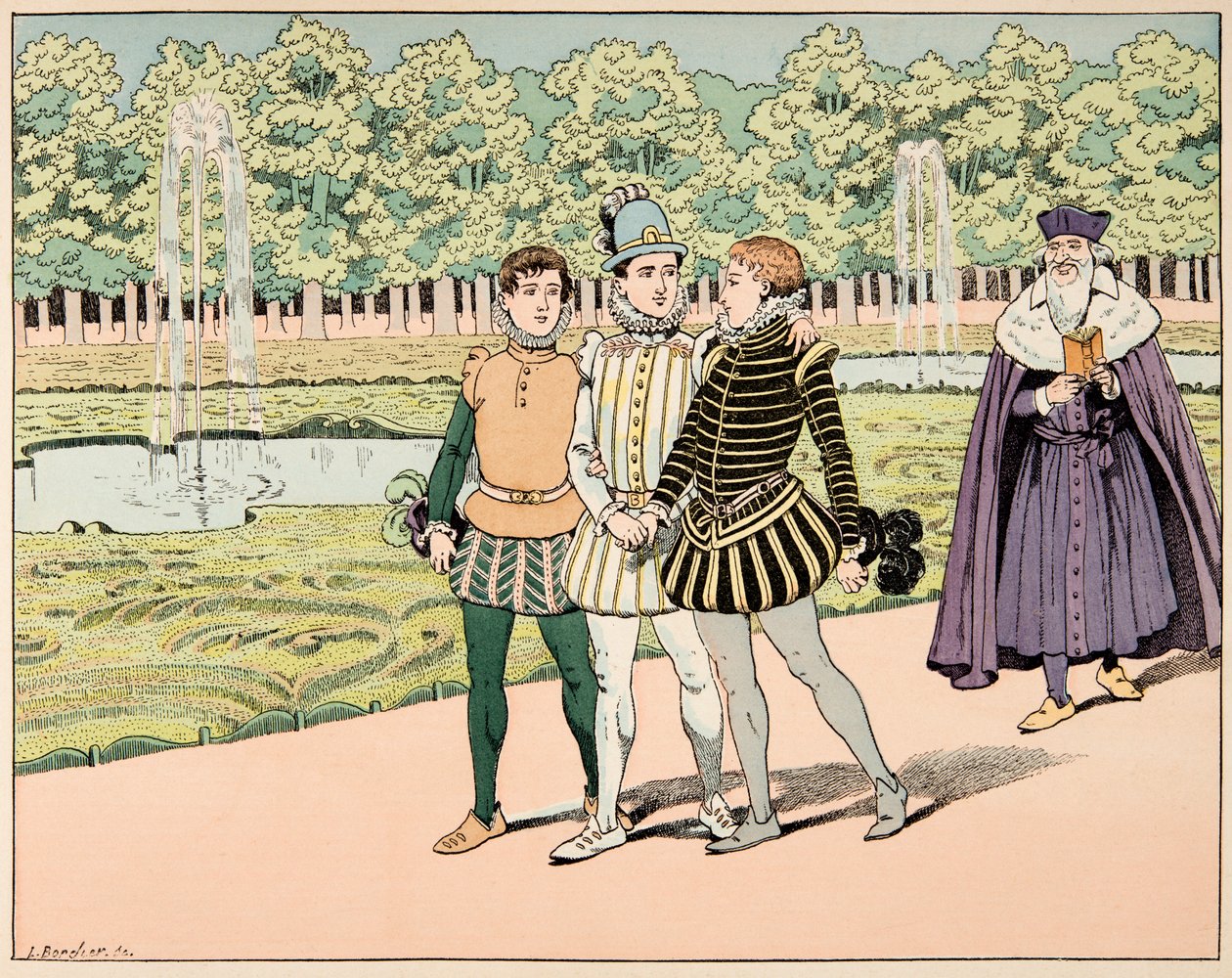 Illustration taget fra bogen “Le bon roy Henri””, illustreret af Jacques Marie Gaston Onfray de Breville dit JOB (1858-1931): Henri IV blev venner med M de Segur og M de La Rochefoucauld - Privat samling af pseudonym for Onfray de Breville Jacques Job