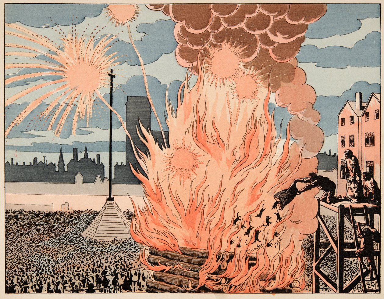 Illustration taget fra bogen “Le bon roy Henri”, illustreret af Jacques Marie Gaston Onfray de Breville dit JOB (1858-1931): Fire de joie place de strike in Paris - Privat samling af pseudonym for Onfray de Breville Jacques Job