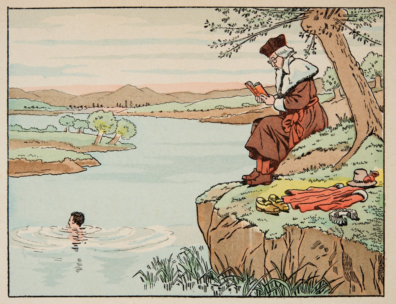 Illustration hentet fra bogen “Le bon roy Henri”, illustreret af Jacques Marie Gaston Onfray de Breville dit JOB (1858-1931): Uddannelse i det 16. århundrede: svømning - Privat samling af pseudonym for Onfray de Breville Jacques Job