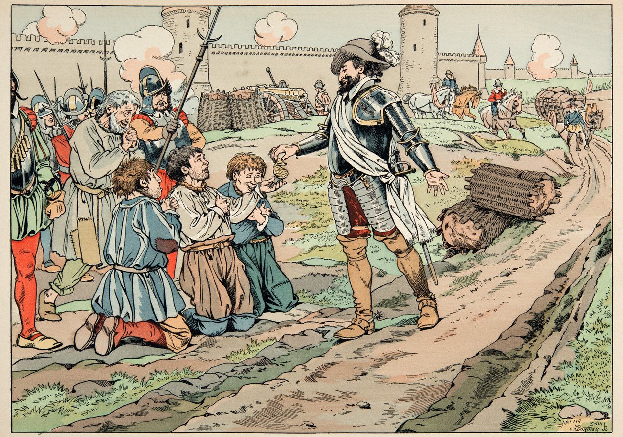 Illustration taget fra bogen “Le bon roy Henri””, illustreret af Jacques Marie Gaston Onfray de Breville dit JOB (1858-1931): Henri IV giver penge og befrier bønder, der forsøgte at indføre mad i Paris - Privat samling af pseudonym for Onfray de Breville Jacques Job