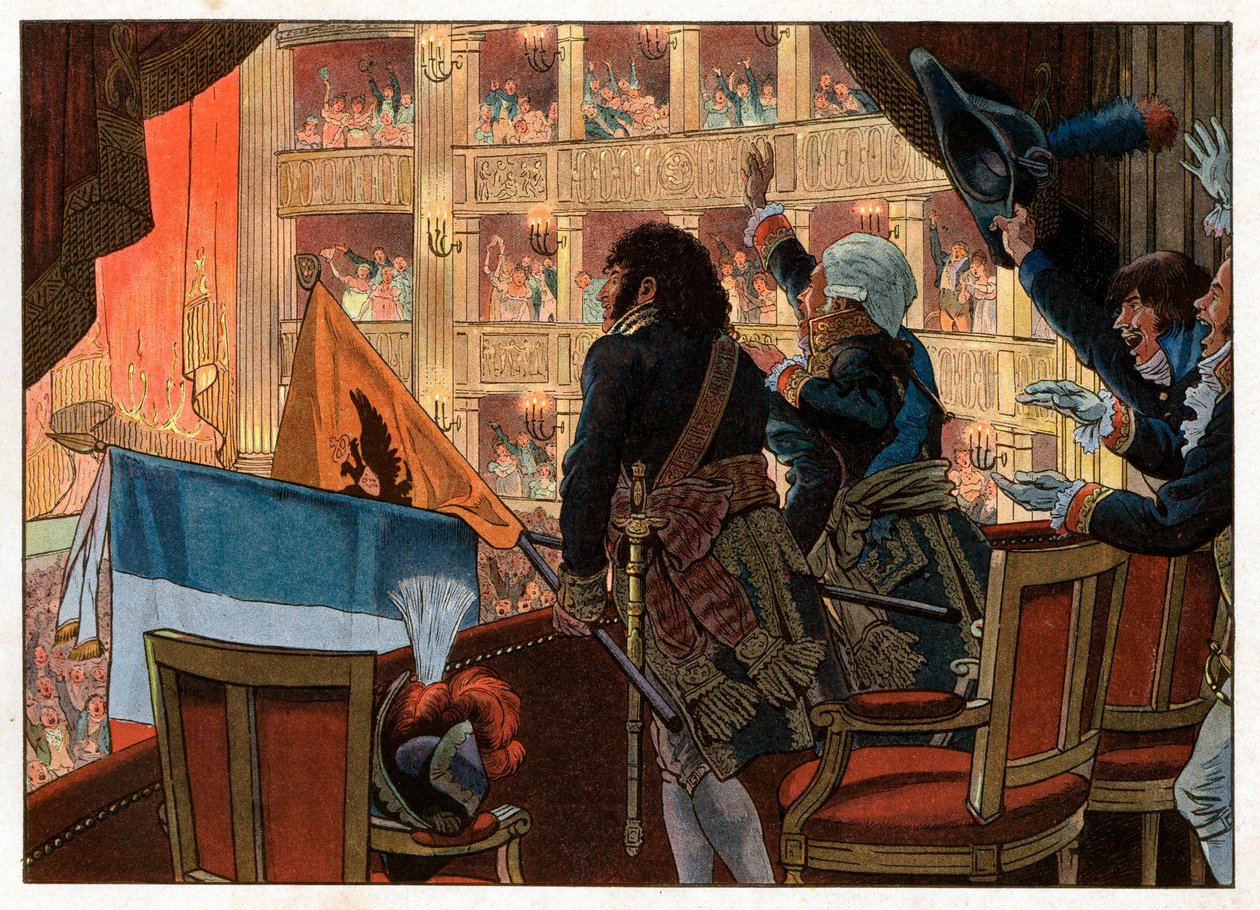 I Firenze, i teatersalen, forener Joachim Murat (1767-1815) og en russisk ambassadør deres flag med nutidens største glæde. Gravering af Jacques Marie Gaston Onfray de Breville dit Job (1858-1931) af pseudonym for Onfray de Breville Jacques Job